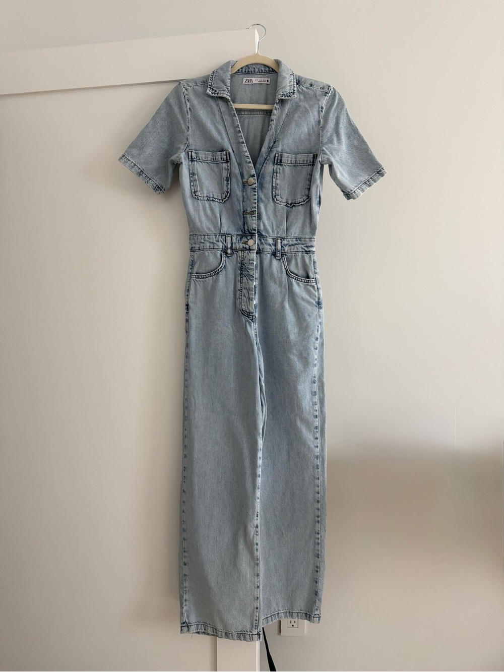 Zara Light Blue Denim Short Sleeve Jumpsuit
